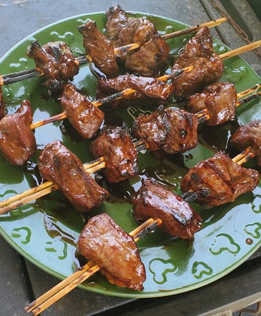 Marinated barbecue meat on skewer. Shish kebab or Shashlyk meaning skewered  meat. Beef or pork on grill on an open fire. Street food, picnic concept  Stock Photo