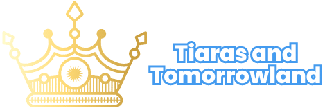 Tiaras and Tomorrowland Logo with Blue and White Text Transparent