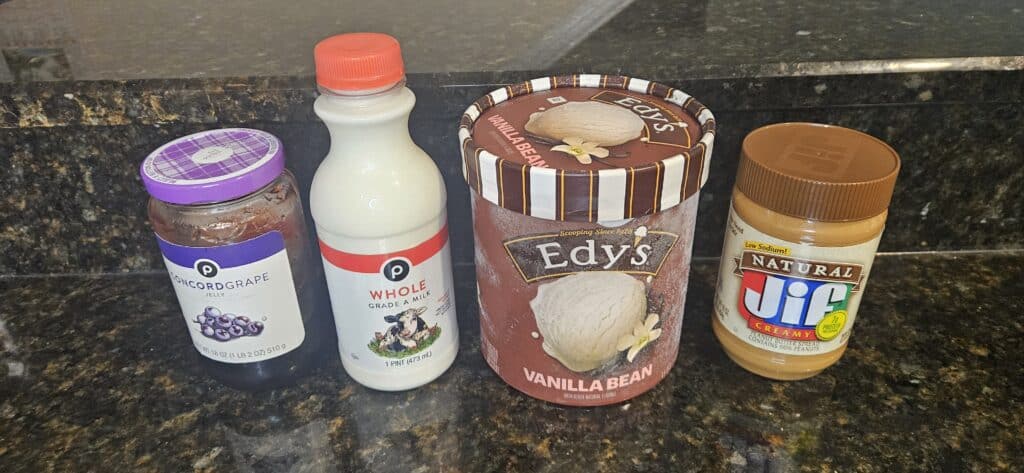 50s Prime Time Cafe PB&J Shake Recipe Ingredients: Grape Jelly, Milk, Vanilla Ice Cream, and Creamy Peanut Butter